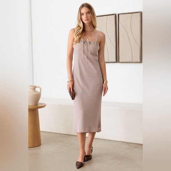 NWT-Swiss Dot Lace Trimmed Spaghetti Strap Bias Midi Dress - Picture 4 of 12